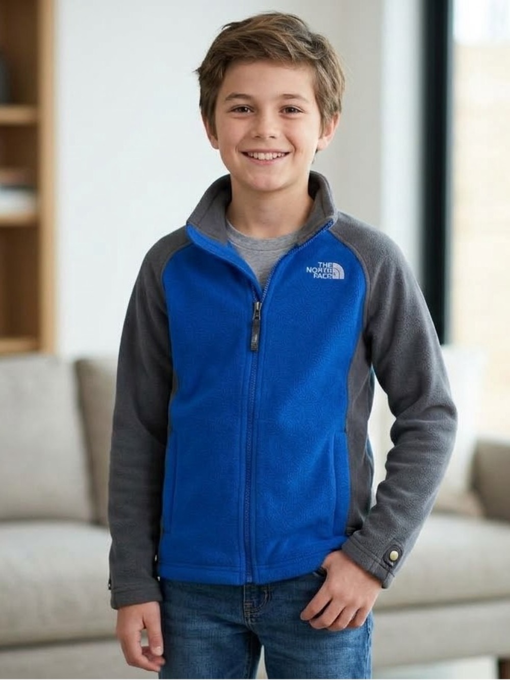 The North Face Boys Medium 10-12 Full Zip Fleece Jacket Royal Blue Grey